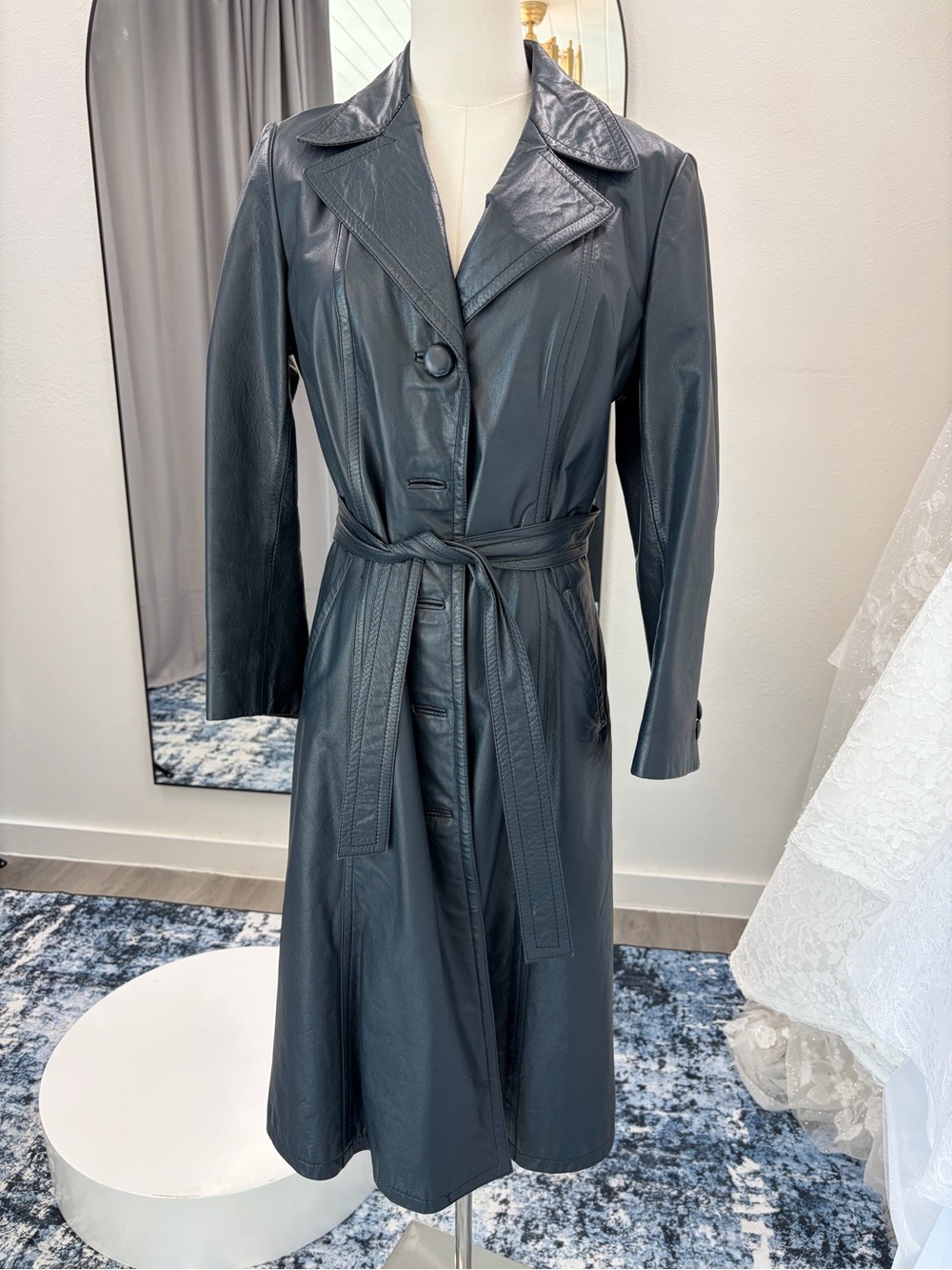 Vintage Navy Leather Belted Trench Coat Long Minimalist - Picture 3 of 10